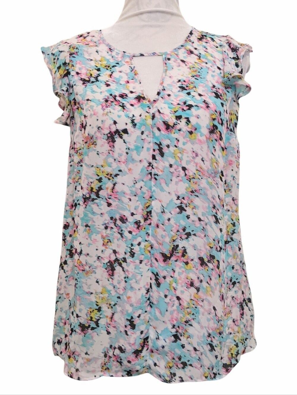Sleeveless Top Watercolor Keyhole Flutter Sleeve Semi-Sheer Size Medium